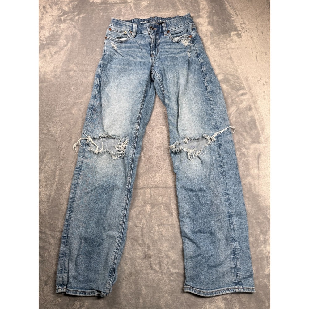 American Eagle Outfitters Curvy Straight Distressed Jeans Light Wash Blue 2